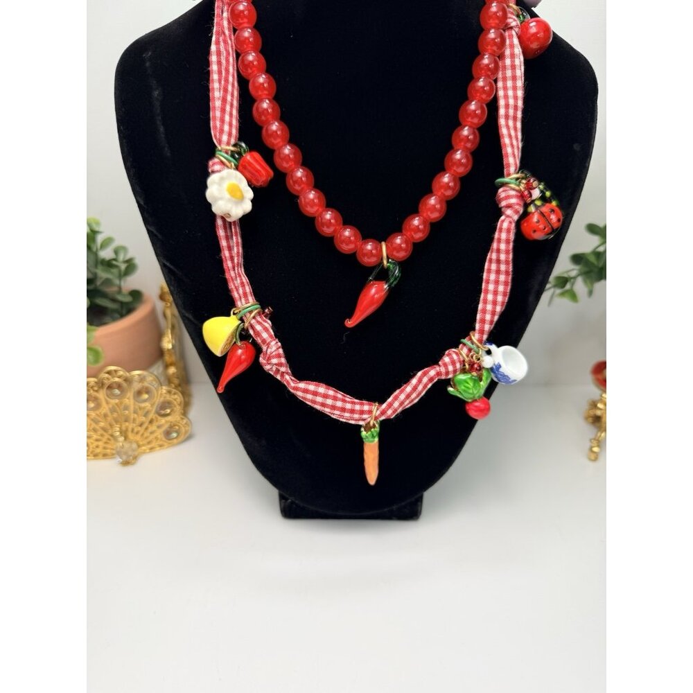 ZARA Red Beaded Gingham Vegetable Charm Layered Necklace Set